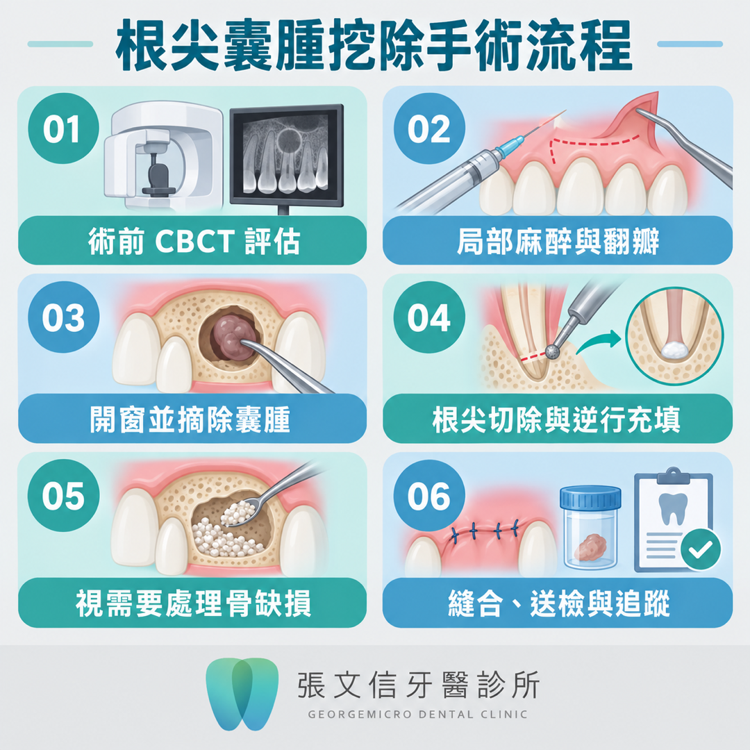 以六個步驟說明術前評估、翻瓣、囊腫摘除、根尖切除、骨缺損處理與追蹤