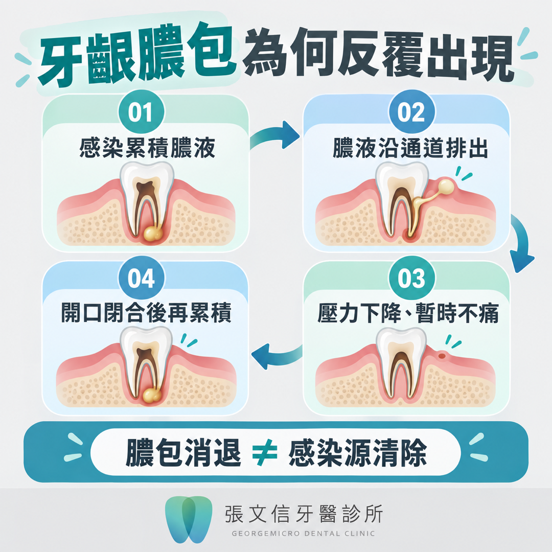 以四個步驟說明感染累積膿液、排膿、壓力下降及開口閉合後再次累積的循環